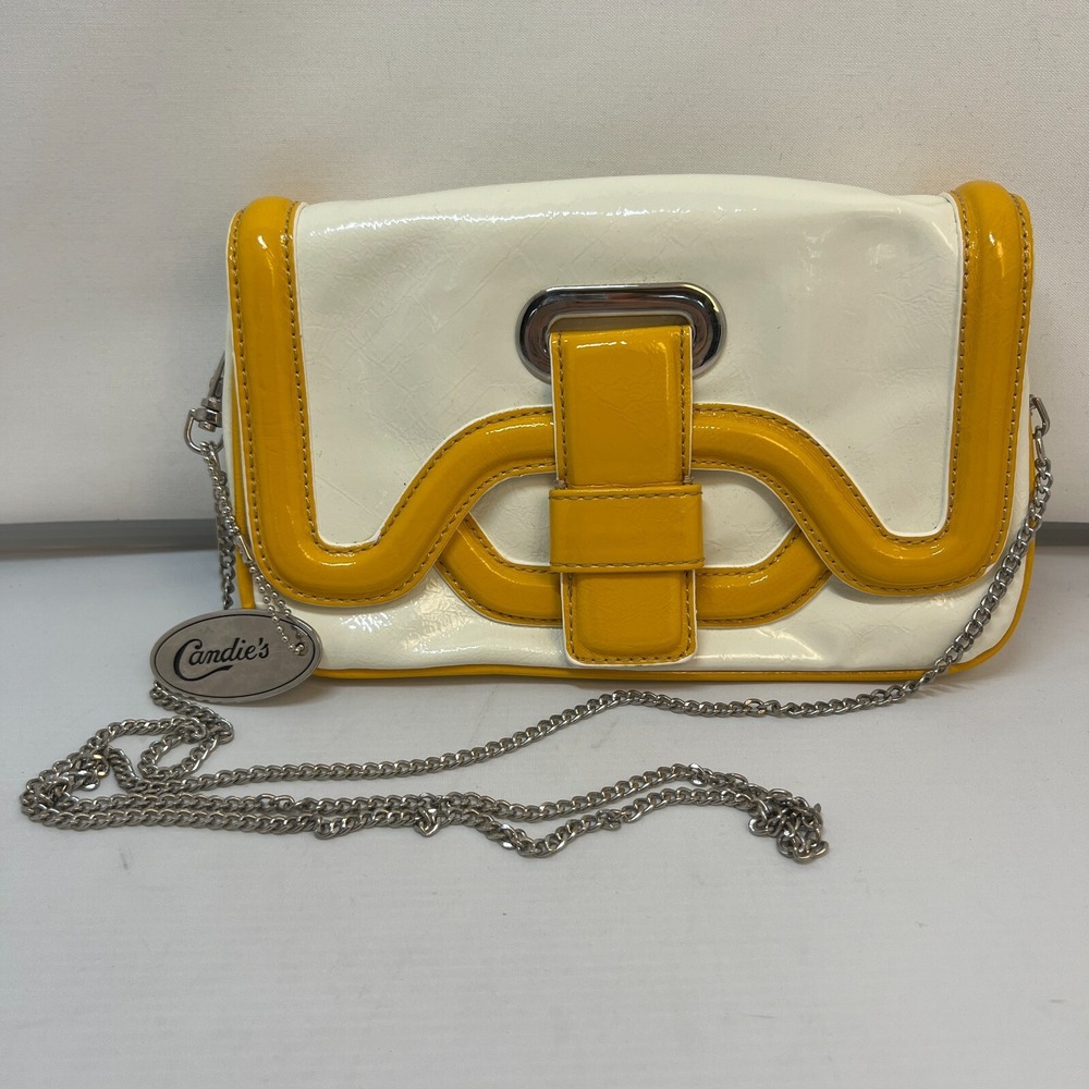 CANDIE'S Faux‎ Patent Leather Yellow White Shoulder Handbag Purse Silver Chain
